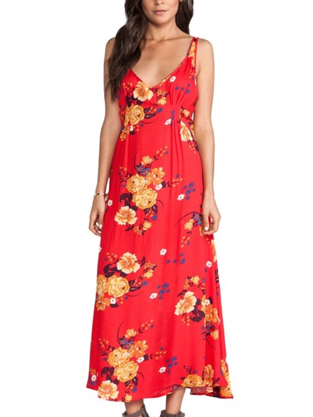 Free People Red Floral Maxi Dress with Open Back
